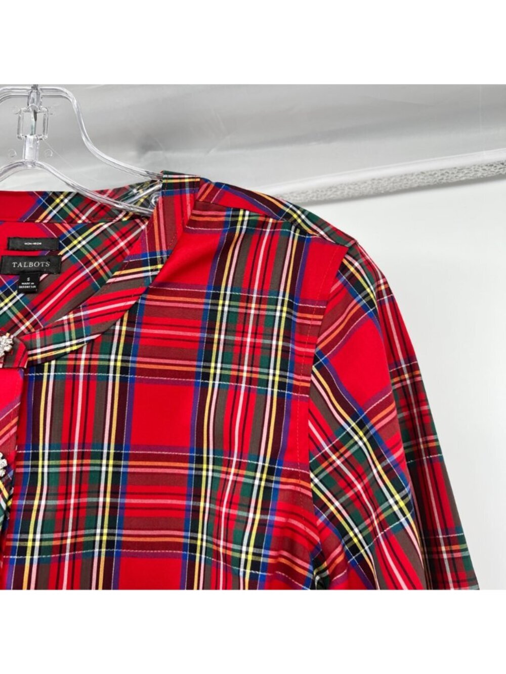 Talbots Plaid Popover Top Long Sleeve Rhinestone Buttons Red/Multi Small - Picture 4 of 9
